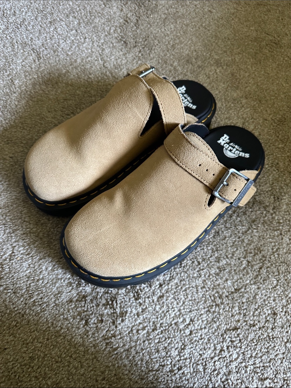 Dr. Martens Beige Suede Buckle Clog zebzag platform